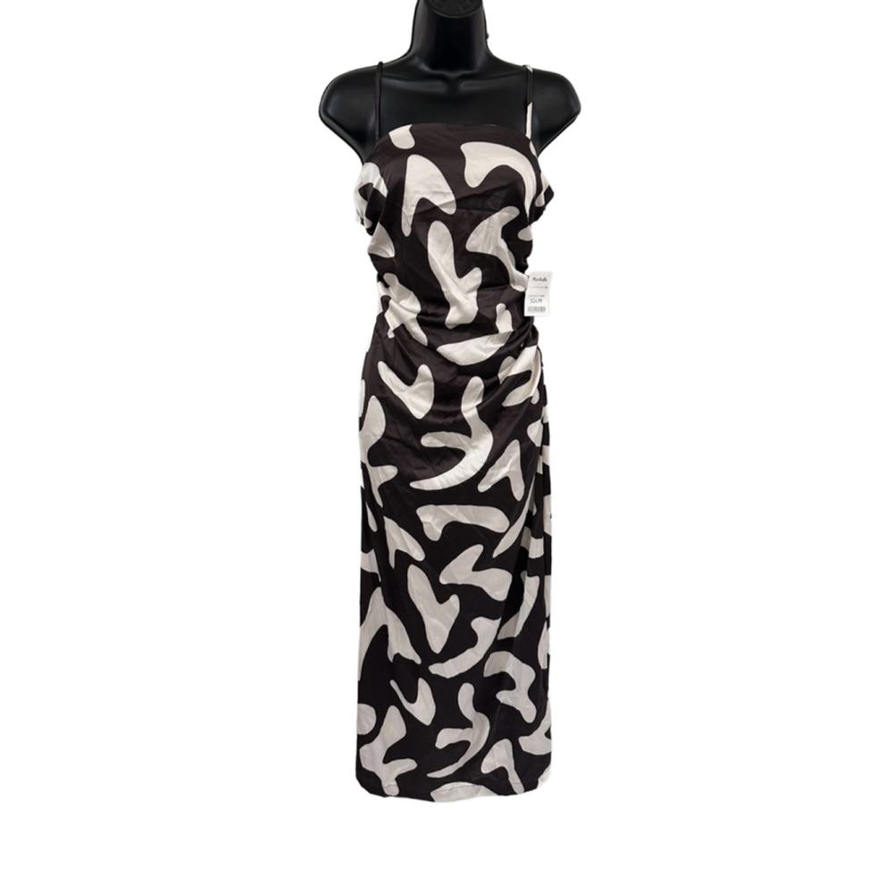 Paper Heart Maxi Dress, Satin, Brown White abstract print, Rouched Side, Medium